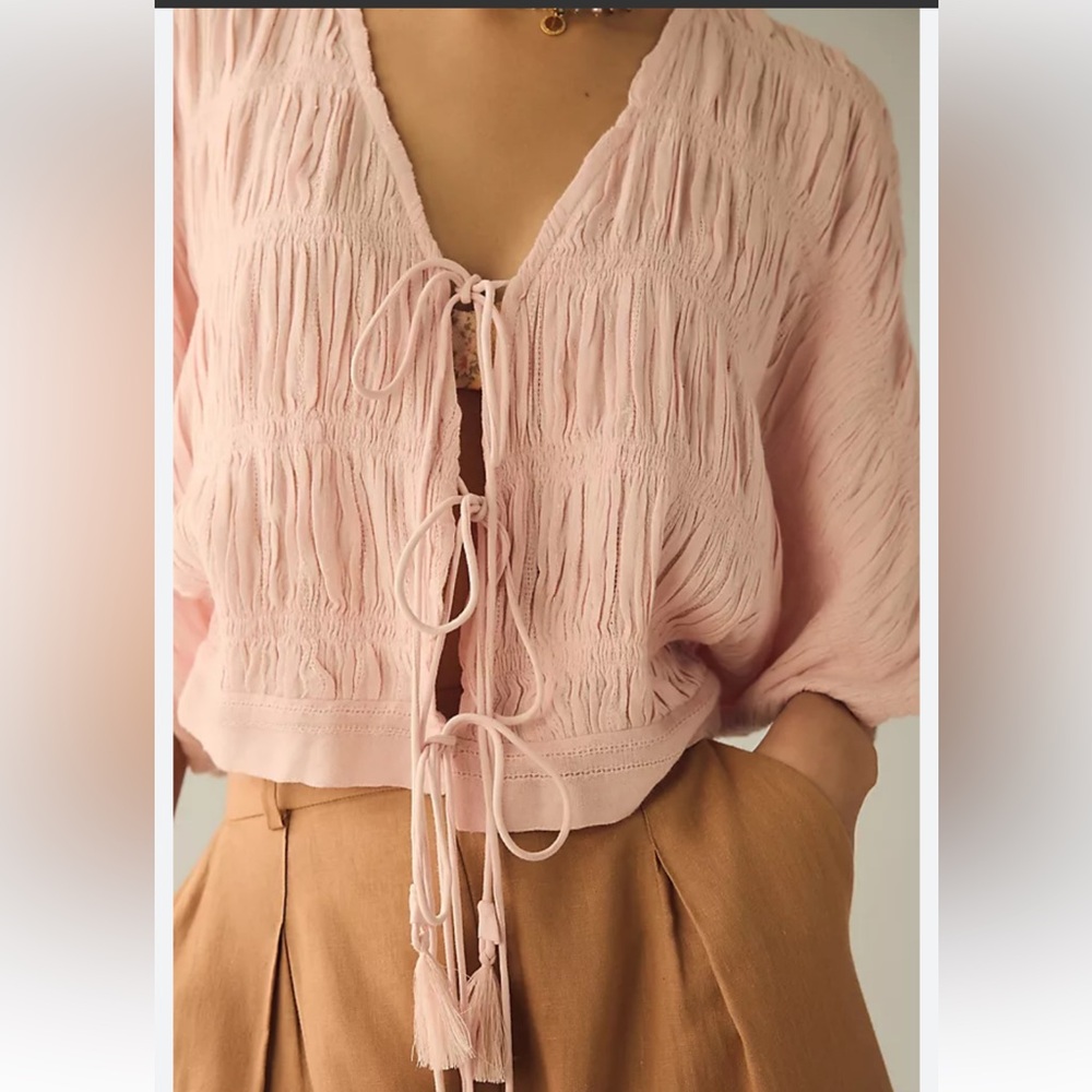 Light Pink Textured Tie-Front Women's Top Anthropologie one size boho pirate